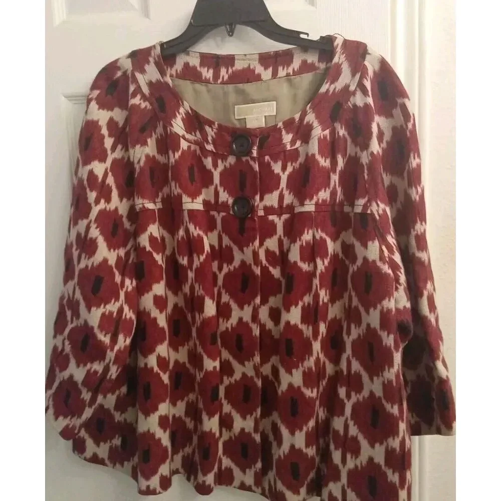MICHAEL Michael Kors Topper Jacket 3/4‎ Sleeve Button Front Red Print Plus